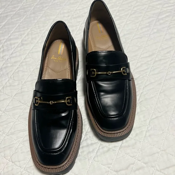 Sam Edelman Black Patent Laurs Lug Sole Loafers Gold Bit Buckle Platform - Picture 2 of 8